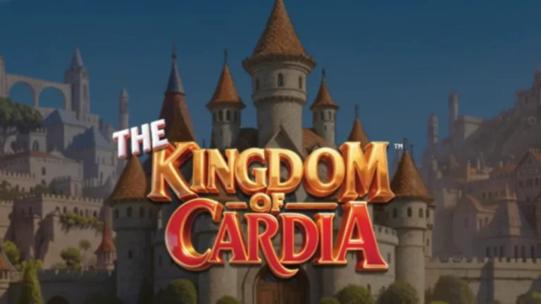 The Kingdom of Cardia slot game interface featuring fantasy garden and playing card symbols.