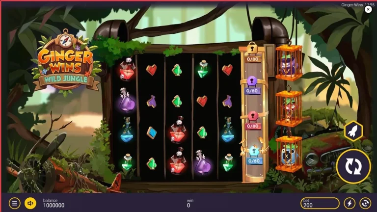Tampilan visual slot Ginger Wins Wild Jungle dengan latar belakang hutan tropis yang rimbun.