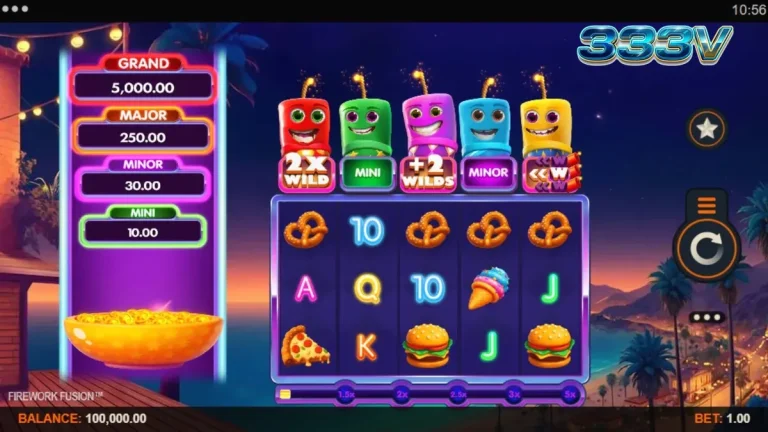 Tampilan visual permainan slot Firework Fusion dengan latar belakang karnaval pantai dan kembang api.